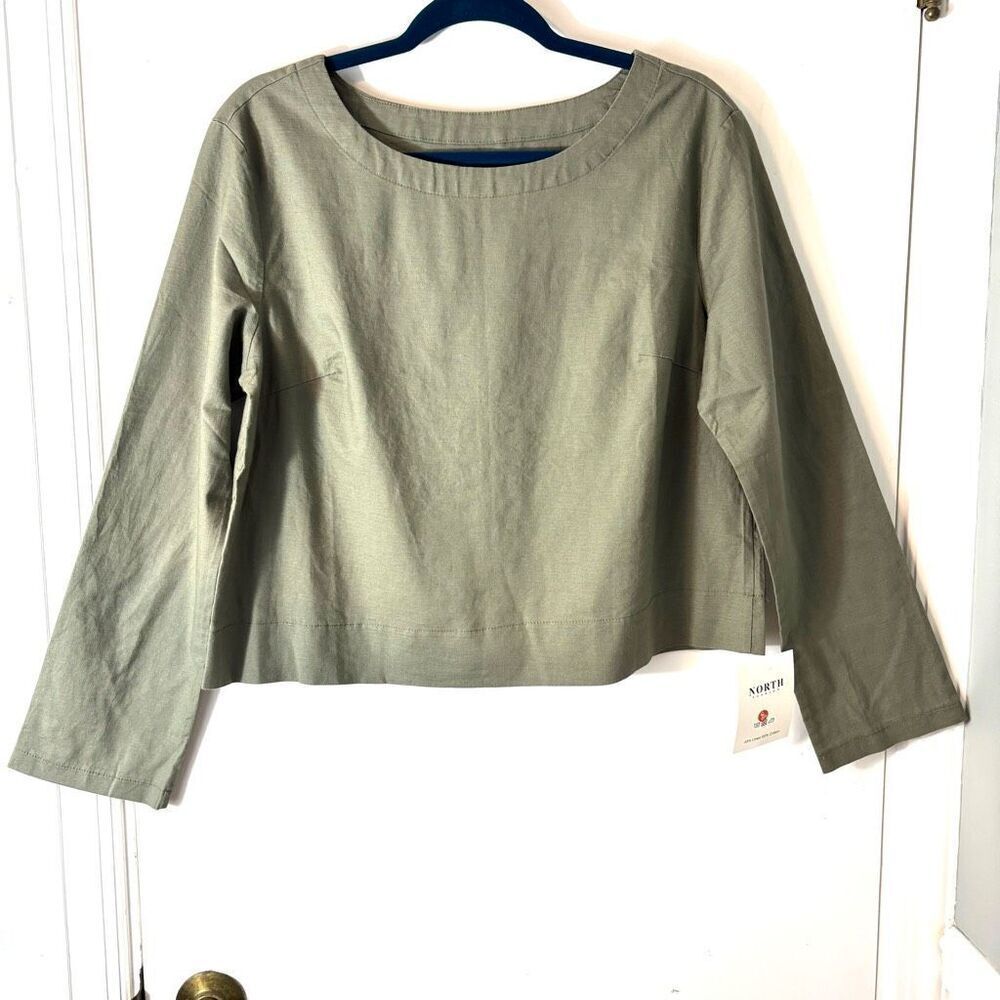 North S Linen Cotton Blend olive green crop top long sleeve